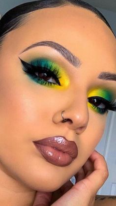 Colorful Ponytail Weave, Green Bay Packers Eye Makeup, Jamaican Eyeshadow Looks, Take Me To Brazil Palette Looks, Juneteenth Makeup Ideas, Make Up Ideas Colorful, Fun Eyeshadow Looks For Beginners, Orange And Green Eyeshadow, Culture Palette Looks