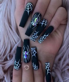 Halloween Nail Designs Acrylic Coffin Long, Spider Gem Nails, Rhinestone Spider Nails, Nightmare Before Christmas Nail Ideas, Extra Halloween Nails, Fall Nail Acrylic Designs, Nails Hollaween, Halloween Nails Nightmare Before, Halloween Gel Nails Designs