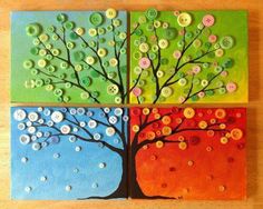 three colorful paintings with buttons on them, each painted in different colors and designs as trees