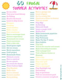 the 50 frugal summer activities list is shown in pink, yellow and green