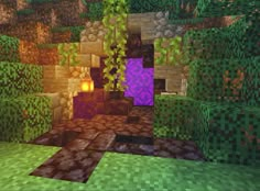 an image of a room in minecraft with lots of green and purple tiles on the walls