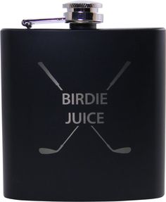 a black flask with the words birdie juice on it and two golf clubs