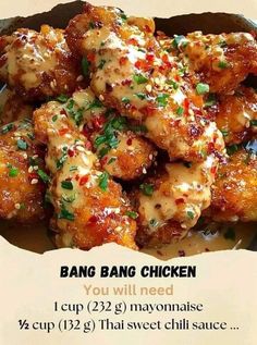 an advertisement for bang bang chicken, which is on display in a restaurant's menu