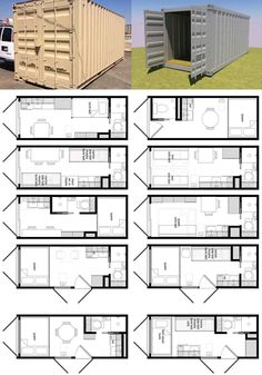 shipping container plans with the floor plan and elevation details for each section, including one bedroom