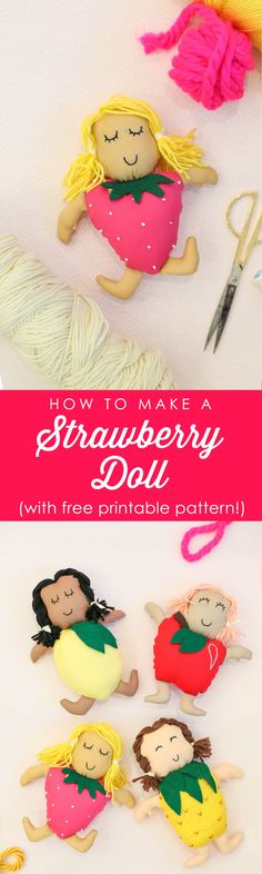 this is an image of some dolls made out of felt and yarn with text overlay that says how to make a strawberry doll