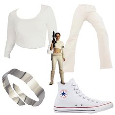 a woman in white outfit and sneakers with accessories