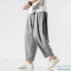 OrcaJump - Cotton and Linen Casual Capri Pants - Vintage and Fashionable Harem Pants Baggy Gray Pants For Spring, Gray Baggy Pants For Spring, Gray Ankle-length Casual Harem Pants, Casual Gray Wide Leg Harem Pants, Casual Gray Loose Fit Harem Pants, Casual Gray Harem Pants With Loose Fit, Casual Gray Loosely Fitted Harem Pants, Gray Harem Pants With Elastic Waistband For Spring, Casual Gray Baggy Harem Pants