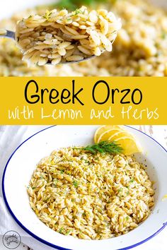 greek orzo with lemon and herbs in a white bowl on a blue and white plate