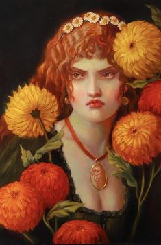 a painting of a woman with flowers in her hair and wearing a necklace on her neck