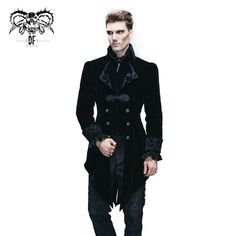 Western Fashion Gothic Embroidered Collar Black Men Velveteen Tuxedo Black Larp Costume For Halloween, Black Fitted Costume For Larp, Fitted Black Costume For Larp, Fitted Gothic Costume For Fall, Fitted Fantasy Costume For Fall, Winter Fantasy Event Fitted Costume, Fitted Winter Costumes For Fantasy Events, Fitted Costumes For Winter Fantasy Events, Black Fitted Punk Costume