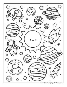 the solar system coloring page with planets and stars on it, including an astronaut's face