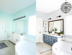 two different views of a bathroom with blue and white fixtures