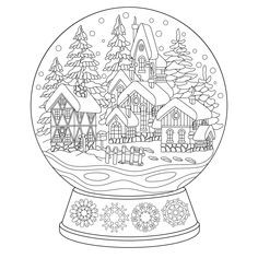 a snow globe with houses and trees in the background, outlined on a white background