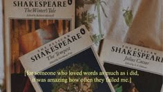 three shakespeare - themed books are sitting on a table