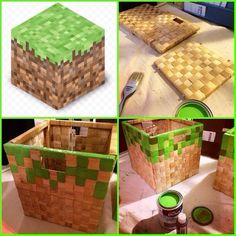 several pictures of different types of baskets made out of wood and green paint on the floor