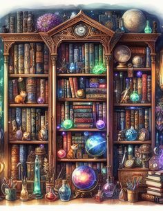 a book shelf filled with lots of books next to a wall full of books and vases