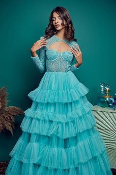 Shop for Asra Green Net Embellished Gown for Women Online at Aza Fashions Tiered Gown, Gown Green, Ruffle Gown, Gown For Women, Embellished Gown, Floor Length Gown, Gowns Online, Corset Style, Aza Fashion