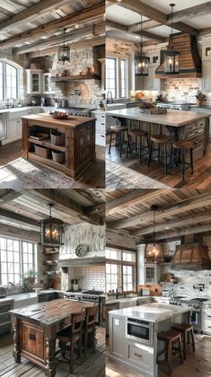 this is a collage of pictures of kitchen and dining room furniture in an old log cabin