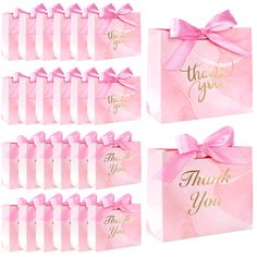 pink and gold thank you gift bags with bows on each side, set of 12