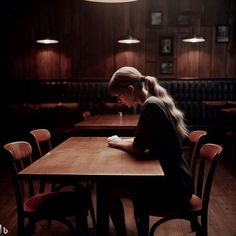 a woman sitting at a wooden table in a restaurant writing on her cell phone while looking down