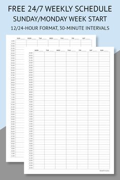 the free printable weekly schedule for monday, 30 - minute intervals is shown here