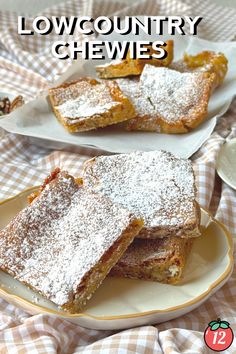 two plates with desserts on them and the words lowcountry chewies