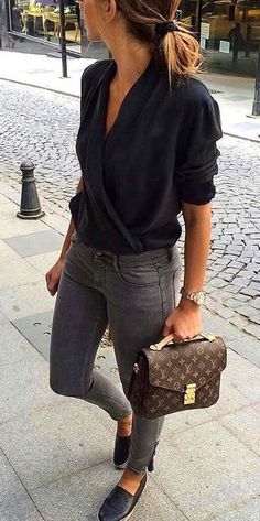 #winter #outfits  black 3/4-sleeved shirt with gray skinny jeans and pair of flat shoes Beautiful Summer Outfits, Outfits To Try, Cozy Winter Outfits, Zara Outfit, Smart Outfit, Smart Casual Outfit, Winter Outfits For Work, Mode Inspo