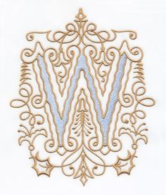 the letter w is made up of gold and blue embroidery on a white shirt with an intricate design