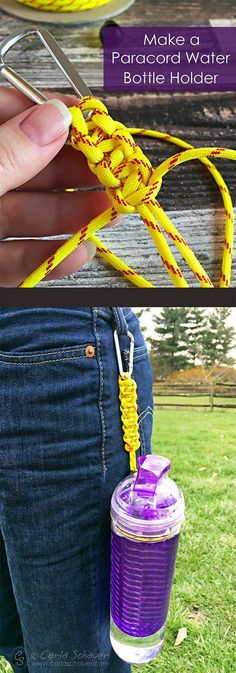 a person holding a cup and some yellow string in their pocket with the words make your own braided bottle holder