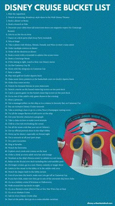 the disney cruise bucket list is shown in this blue and white poster with an image of a