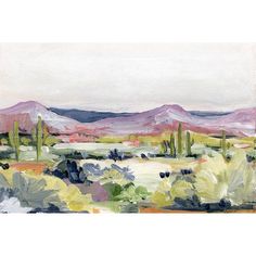 an abstract painting of mountains and cactus trees