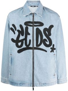 light blue cotton denim graffiti print classic collar front two-way zip fastening two side welt pockets long sleeves buttoned cuffs straight hem Jacket Designs, Streetwear Denim, Graffiti Logo, Harrington Jacket, Denim Outerwear, Casual Jackets, Men's Coats & Jackets, Mens Outerwear, Mens Swimwear