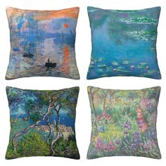 four pillows with different paintings on them