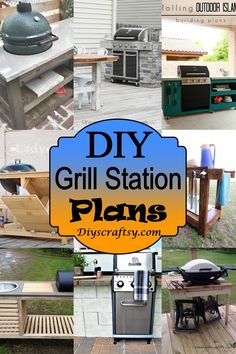 a collage of grill station plans and pictures