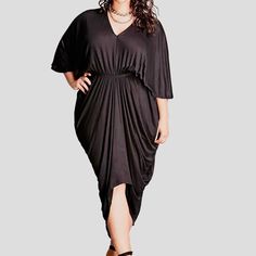 This Is A Gorgeous Dress. Very Comfortable! Black Draped Dress For Spring, Black Draped Maxi Dress For Spring, Chic Black Draped Midi Dress, Black Draped Midi Dress For Summer, Black Flowy Midi Dress For Cocktail, Flowy Black Midi Dress For Cocktail, Black Flowy Dress, Big Size Dress, Outfits 2017