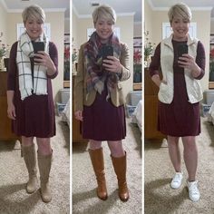 3 ways to wear one dress- dress with sneakers and quilted vest for fall or spring, dress with boots for fall and winter #fashionover40 3 Ways To Wear, Boots For Fall, Dressy Casual Outfits, Quilted Vest, Dressy Outfits, Work Wardrobe, Fashion Over 40, Sneakers Outfit