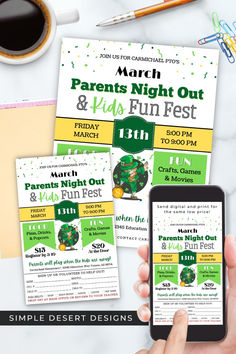 a person holding up a smart phone next to a flyer for a st patrick's day event