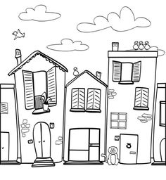 a black and white drawing of three houses with windows on each side, facing different directions