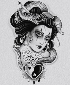 a drawing of a woman with a snake on her head and a heart in the other hand