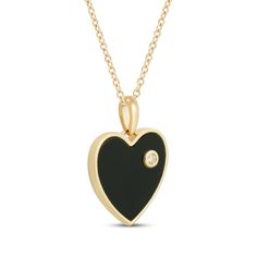 Sweet and sassy, this black onyx heart necklace will be an instant favorite. 10K yellow gold The pendant features black onyx inlay and a sparkling diamond accent in a polished frame 18-inch cable chain with lobster clasp Black Enamel Necklace For Anniversary, Black Necklaces For Anniversary On Valentine's Day, Black Necklace For Anniversary On Valentine's Day, Valentine's Day Black Necklace For Anniversary, Black Necklaces With Diamond Accents For Gift, Black Diamond Jewelry For Valentine's Day, Black Diamond Heart-shaped Jewelry, Black Heart-shaped Diamond Jewelry, Valentine's Day Black Diamond Jewelry