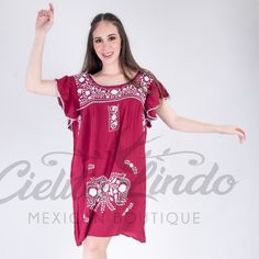 This Cute Dress Is Handmade And Hand Embroidered, Is The Traditional Style From Puebla, Mexico But With Prettier Ruffled Sleeves! Carefully Made In Soft Orange Rayon Fabric And Embroidered With Cotton Thread. Each Hand Embroidered Design Is One Of A Kind, A Result Of The Imaginations Of The Artisans. This Dress Will Be An Adorable Staple For Summer, Paired With Sandals, Wedges Or Boots! Calling All Texas A & M Aggies Fans! This Dress Was Made For You. Materials: Rayon, Cotton Care: Cold Wash, De Embroidered Red Mini Dress For Summer, Red Embroidered Mini Dress For Summer, Red Embroidered Hem Beach Dresses, Red Floral Embroidered Beach Dress, Red Beach Dress With Embroidered Hem, Casual Red Embroidered Dress, Red Short Sleeve Dress With Embroidered Hem, Short Sleeve Red Dress With Embroidered Hem, Red Embroidered Short Sleeve Dress