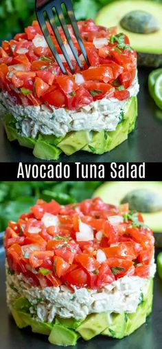 avocado tuna salad with tomatoes and cucumber on the side is being held up by a fork