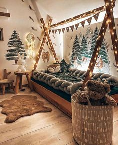 a teddy bear sitting on top of a bed in a room decorated with christmas lights