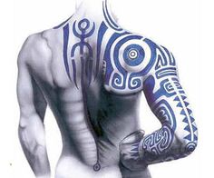 the back of a man with tattoos on his body and chest, painted in blue