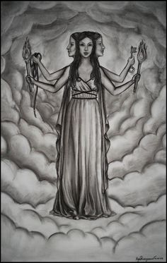 a drawing of a woman holding two keys in her hands, with clouds behind her