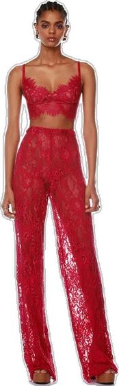 Evening Pants With Lace Trim, Elegant Fitted Lace Pants, Elegant Red Lace Bottoms, Elegant Lace Pants For Night Out, Elegant Fitted Bottoms With Lace Work, Fitted Red Lace Bottoms, Formal Lace Bottoms With Lace Trim, Elegant Red Bottoms For Wedding, Formal Lace Bottoms For Spring