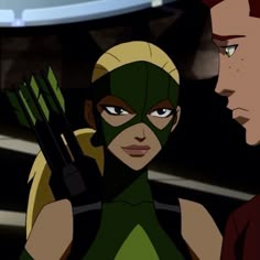 the green arrow girl is holding two arrows in her hand and looking at another woman's face