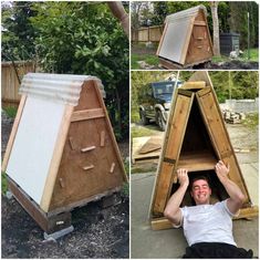 the man is laying down in front of his wooden structure and making a house out of plywood