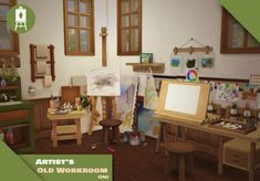 an artist's old workroom with easel, desks and paintings