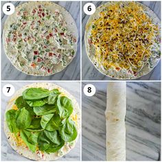 four pictures showing the steps to make spinach wraps with cheese and seasonings on them